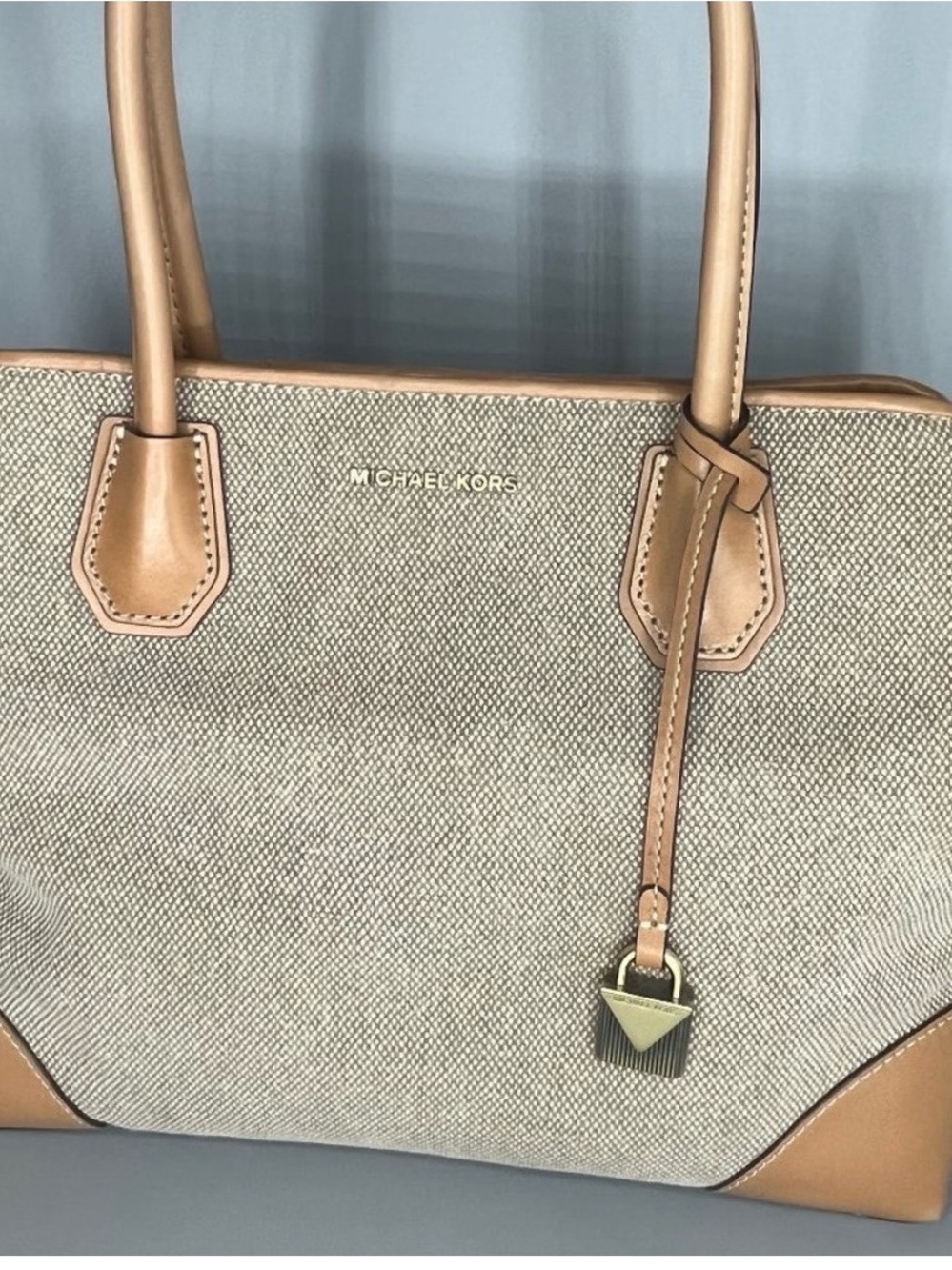 Michael Kors Beige Mercer Canvas Tote with Tan Leather Trim